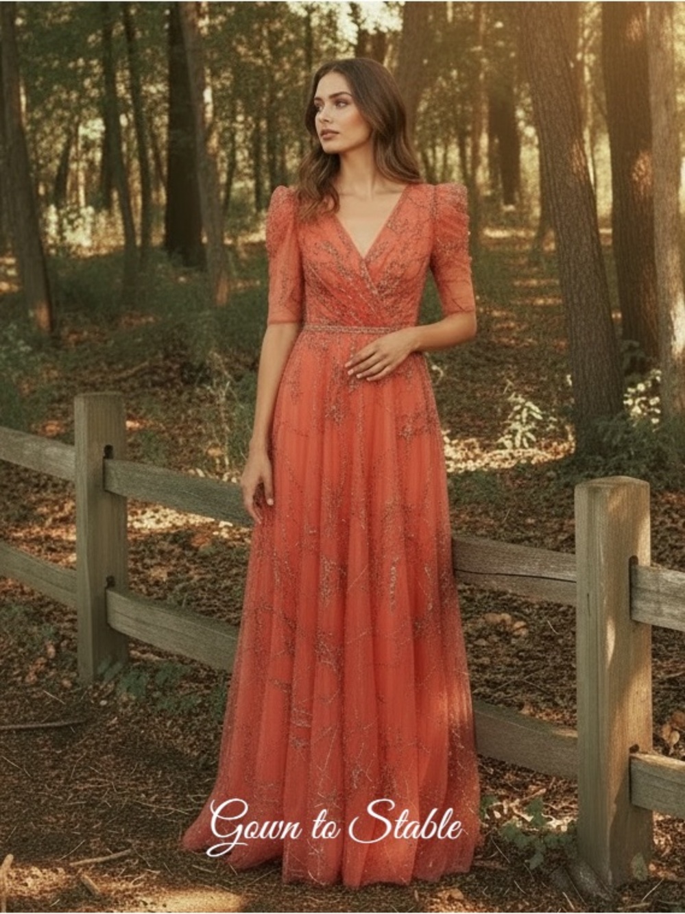 Mac Duggal 20428 Embellished Gathered Puff Sleeve Faux Wrap Gown
